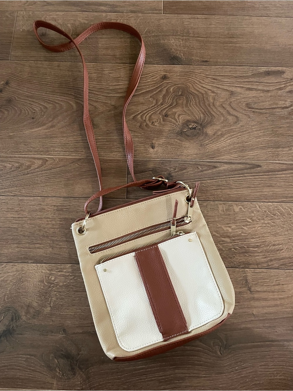 Beige and White Crossbody Bag with Brown Accents